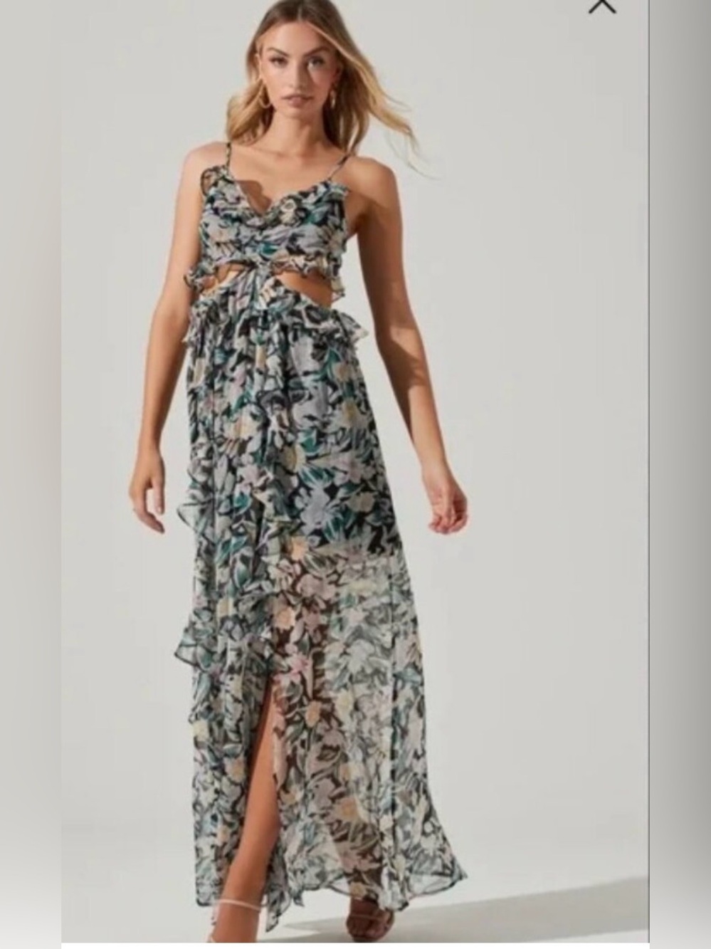 ASTR Floral Cutout Ruffle Maxi Dress - Green Multi